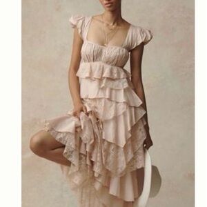 By Anthropologie cap-sleeve square neck ruffle midi dress in pink rose